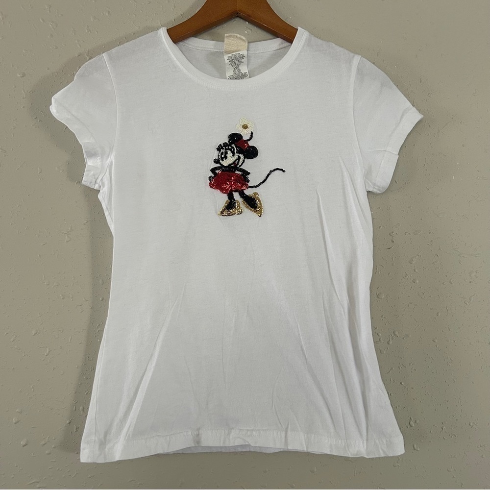 🦋 Disney White Minnie Mouse Sequin Short Sleeve T-Shirt Youth Large Size Medium